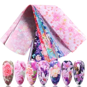 Colorful Flowers Print Nail Art Decals Spring Foil Wraps with Starry Sky Transfer Designs Plastic Material