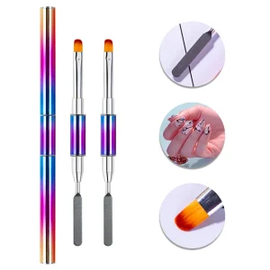 Colorful Gradient Metal Handle Double End Nail Oval Gel Brush with Mixing Spatula Dual Use Manicure Tools