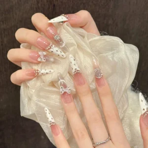 Creamy White Cat Eye Press on Nails French Tip with Bow Handmade Almond Square Oval Stiletto False Nails 10Pcs