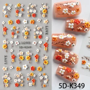 Cross Border Non Toxic 5D 351 Nail Art Embossed Stickers Floral Branch Designs Orange Flowers Model for Spring Summer