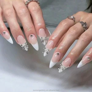 Cross border Pre made False Nails with Almond Shaped Tips French Tips and Pearl Embellished Bows