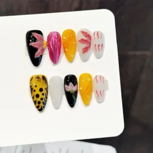 Custom 10pcs Handmade 3D Flower Press on Nails Vibrant Color Short Almond Acrylic Fake Nails Private Label
