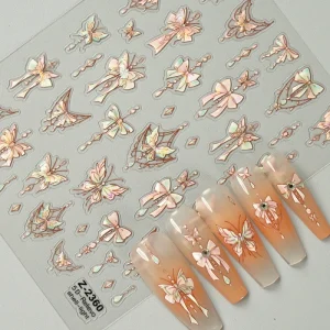 Custom Colorful Shell Light Butterfly Nail Decal 3D Adhesive Press on DIY Nail Art Decorations Stickers
