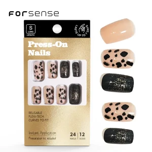 Custom Design Unique Leopard Press on Nail for Women Medium Length Square Anime Fake Nail Gold Glitter Black Nude Glue Nail Tips