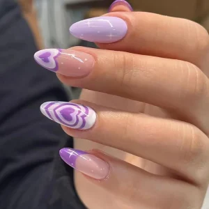 Custom Design Vendors for Gel Press on Nails Almond Shape ABS Acrylic Artificial Fingernails Purple French Heart Tips