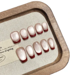 Custom French Cat Eye Press on Nails Handmade Short Square Almond Reusable Artificial Fingernails