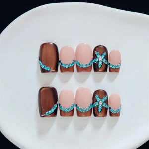 Custom Handmade Eye Brown Press on Nails Turquoise Rhinestone French Tip Luxury Flower Nail Art