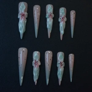Custom High Quality ABS Press On Fingers Set Stiletto Design with Almond and Butterfly Pattern Includes Artificial Nails Glue