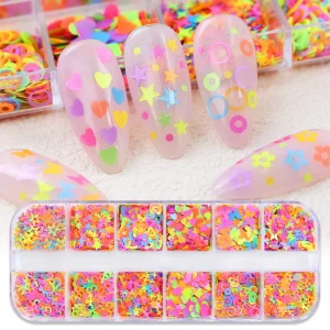 Custom Logo 3D Art PET 12 Grid box Valentine Day Fluorescent Butterfly Stars love Number English Mix Color Nail Glitter Sequins