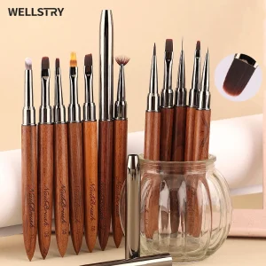 Custom Logo Art Nail Pen Liner Manicure Tool Professional Salon Sandalwood Brown Wood Handle Nylon Nail Art Brushes