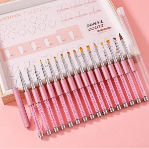 Custom Logo Pearl Pink 3D Acrylic Powder Flat Round Gel Liner Ombre Gradient Painting Nail Brush Set for Nails