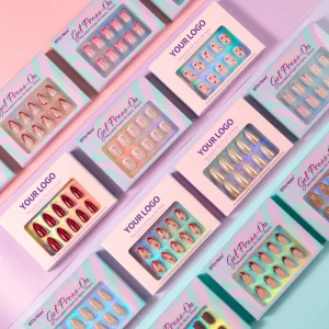 Custom Logo Short Almond Square Artificial Fake Nails Press on Soft Gel Handmade French Tip Press on Nails Kit En Gel