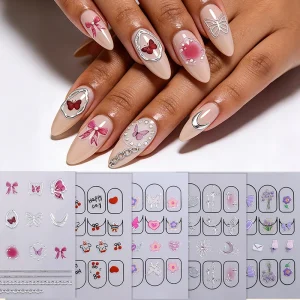 Custom Logo Sliver Foil Stamping 5D Embossed Printing Non-Toxic Nail Art Stickers Nail Decals Safe for DIY Nail Art Design