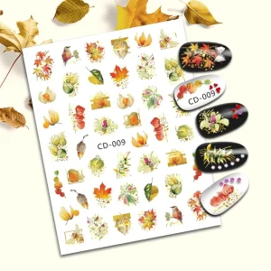 Custom Nail Decals 3D Adhesive Nail Art Gel Stickers Autumn Style Flower Maple Leaves Design by Manufacturer