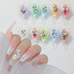 Custom Package Private Label 3D Nail Resin Charms 5pcs bag Rhinestone Flower Press Nail Accessories Manicure Art
