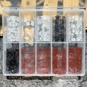 Custom Packing 10grid Multicolor Lace 3D Nail Foils Plastic Set Transfer Sticker DIY Art Flower Starry Sky Mesh Manicure