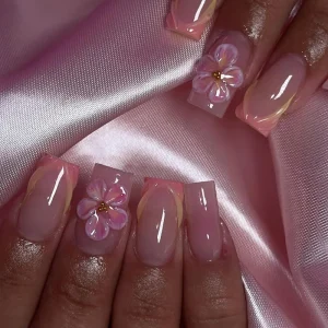 Custom Pink 3D Flower Design Medium Long Square ABS Full Cover Pre designed False Nails Press High Quality Artificial