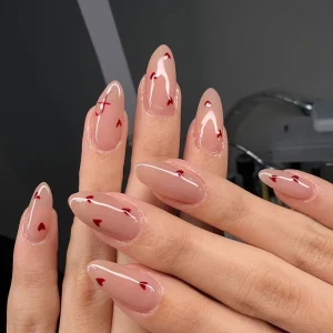 Custom Press On Nails Red Small Heart Design French Style Medium Length Finger Nails with Glue and Nail File 24 Pieces