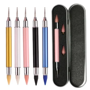 Custom Rhinestones Acrylic Handle Wax Pencil Double Head Dotting Pen Jewel Pick Tool Acrylic Nail Pen with Storage Case