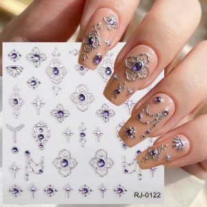 Custom Sliver Gold Foil Gloss Gem Diamond 5D Nail Art Stickers Flower Butterfly Design Soft Gel Nail Decals for DIY Nail Art