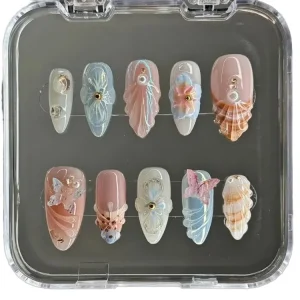 Customized 10Pcs Women’s 3D Shell Painting Art ABS Almond Stiletto Artificial Fingernails Press On False Nails