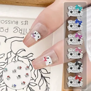 Cute 3D Nail Art Charms with Alloy Flatback Rhinestones Kawaii Cartoon Cat Bow Heart Nail Decoration Kit for Salon DIY Manicure