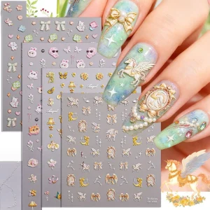Cute Animals Bear Dog Shiny PVC 5D Self Adhesive Nail Art Stickers and Manicure Decals with Bowknot Star Fruit Flower Design