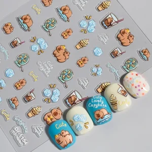 Cute Capybara Nail Stickers Kawaii Cartoon Nail Art Decals for DIY Manicure Self Adhesive Sticker for Girls & Kids