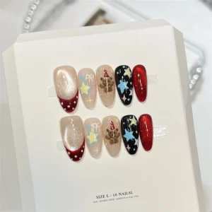 Cute Hand Painted Star Nude Eye French Tip Tips Acrylic Handmade Press on Nails