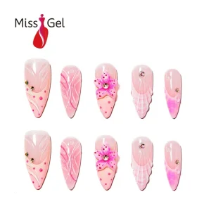 Cute Pink Embossed Stiletto Nails Soft Gel Glossy Nails Luxury Press On Nails With Packaging 32pcs
