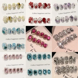 Cute Short Luxury 10pcs set Press on Nails with Sparkling 3D Rhinestone Cat Eye French Acrylic False Artificial False Nails