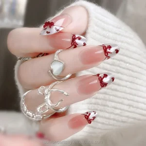 Cute Sweet Artificial False Nails Artificial Finger Handmade Press on Nail with Red White Heart Bow Tips