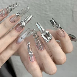 Cyberpunk Silver Metallic Long Stiletto Press Nails Heavy Craft Hand made Alcohol Free False Nail Tips Artificial Fingernails