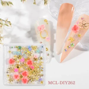 DIY Mix Kit Nail Art Charms with Kawaii Resin Flower & Gold Metal Alloy Shell Mouth Ring & Crystal for Nail Surface Design