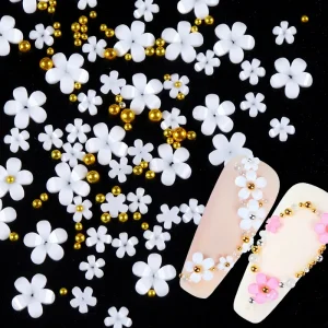 DIY Nail Kawaii Art Five-Petal Flower Decorations with Gold and Silver Beads Simple Bagged Packaging