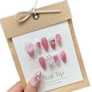 Design #196 High Quality Pure Handmade Y2K Style Press Ons 10pcs Acrylic Gel Nails 3D Pink Almond Fake Nails for Women