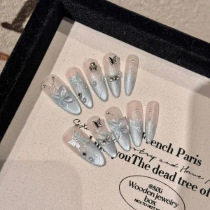 Design 2148 Green Cat’s Eye Small butterfly Oval See through Stacked diamond Patch Wearable Handmade Press on Nail
