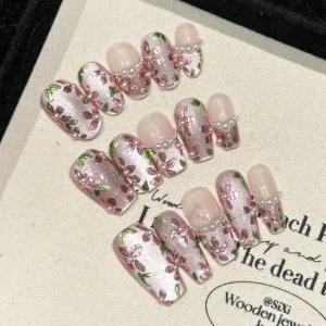 Design #22 #25 #29 High Quality Handmade 10pcs Press on Nails Luxury Hand painting Flower Acrylic Thick Artificial Nails Set