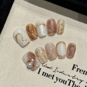 Design # 2343 High Quality Retro Style Pearl Handmade Press On Nails Short Artificial Fingernail