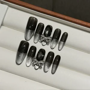 Design 2351 French Style Space Gradient Cat Eye Cyberpunk Niche Dark High end Wearable Nail Art Handmade Press on Nail