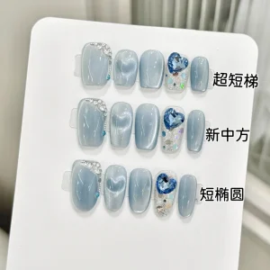 Design #2871 #2873 #2875 Custom Blue Cat Eye Glitter Nails Luxury 10pcs Press on Nail Handmade Rhinestones Nail Charms
