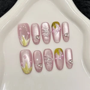 Design 2905 Purple Tulip 3D butterfly Crystal clear cat Eye Spring Summer Brightening Nail Art Handmade Flower Press on Nails