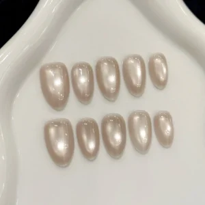 Design 2995 Blinking Beige Solid Color Dense cat Eye Simple Daily Almond Handmade Press on Nail