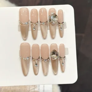 Design #3376 Handmade 10pcs Nude Cat Eye Press on Nails Pearls Charms Big Diamond Extra Long Nail Tips