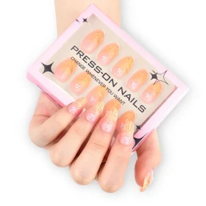 Design GD14 30pcs Set Press on Nails Orange Almond with 3D Shell Pearl Luxury False Press on Nails