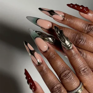 Diablo Europe and America Wearable Nail Color Smudge Irregular Silver Stripe Manicure Fake Nails Long Pointed Press on Nail
