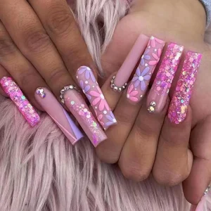 Diamond Long Ballet Pink Purple Flower Sparkling Fragment Striped French Semi Handmade Machine Nails