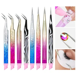 Double Ended Nail Art Tweezers Stainless Steel Straight Curved Silicone Pressing Head Nail Rhinestone Stickers Jewel Gem Picker
