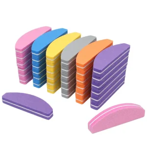 Double Sided Half Moon Mini Nail File Set Includes Pink Yellow Blue Purple Sponge Buffer Salon Use Washable Beauty