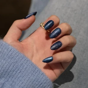 Dreamy Blue Crystal Cat-eye Sparkly Powder Dazzling Clear Finger Nail Almond Press on Nails Artificial Nails